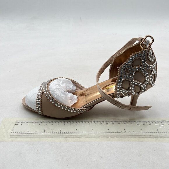 XYD Champagne Peep Toe D'Orsay Kitten Heel Rhinestone Studs Ankle Strap Sandal - Picture 2 of 8